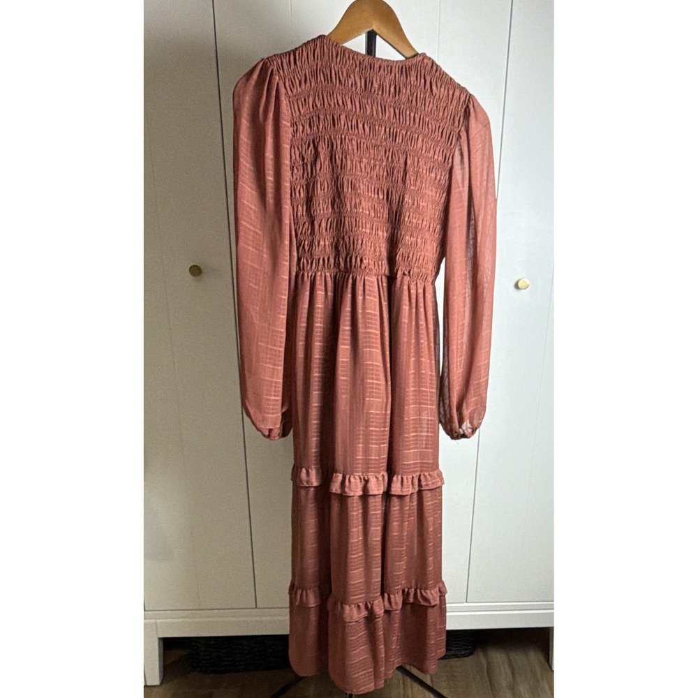 Women's Fall Boho Gypsy Rust Pink LS Smocked Ruffle V-Neck Midi Dress Size S - Picture 6 of 7
